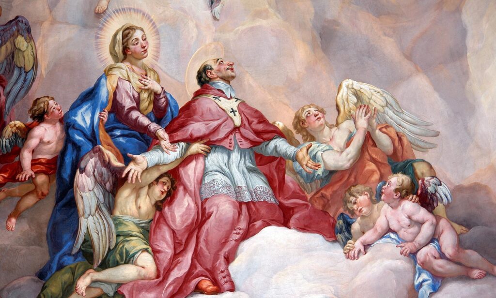 Pintura religiosa barroca de intercessão à Virgem Maria em teto de igreja