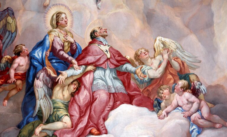 Pintura religiosa barroca de intercessão à Virgem Maria em teto de igreja